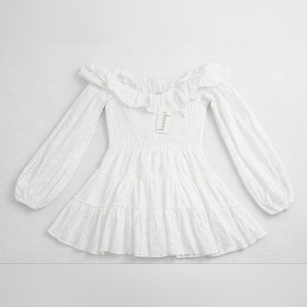 NWT Choosy White Eyelet Off Shoulder Smocked Peplum Blouse Boho Top